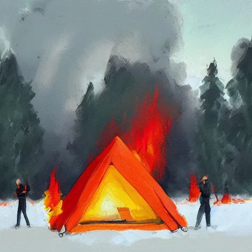 Prompt: a camp with tents on fire, burning down, shadows of 3 girls watching the camp burn, snow, painted by Sylvain Sarrailh