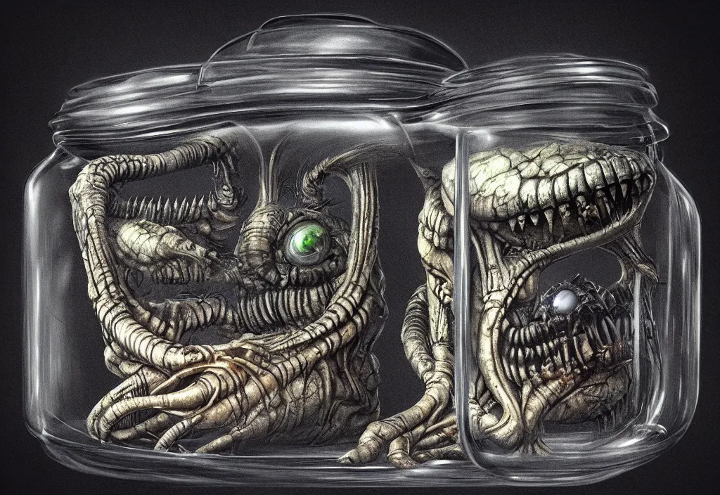 Image similar to Photorealistic miniature monster inside a jar on clean background by H.R. Giger, KDA and Sam Yang, trending on artstation