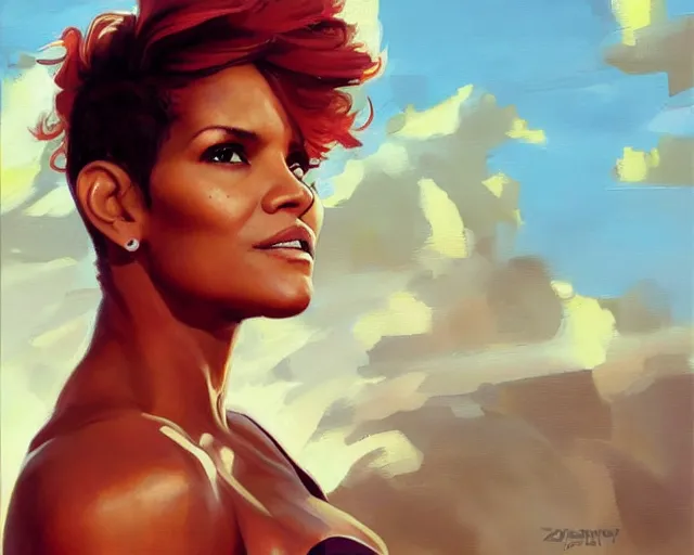 Image similar to greg manchess portrait painting of smug halle berry as beautiful thick female bodybuilder zarya from overwatch, medium shot, asymmetrical, profile picture, organic painting, sunny day, matte painting, bold shapes, hard edges, street art, trending on artstation, by huang guangjian and gil elvgren and sachin teng