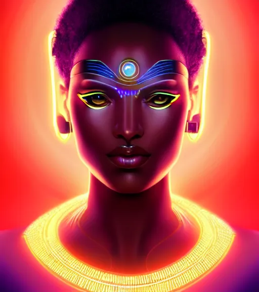 Image similar to symmetry!! egyptian goddess of technology, solid cube of light, hard edges, product render retro - futuristic poster scifi, lasers and neon circuits, brown skin beautiful egyptian goddess, intricate, elegant, highly detailed, digital painting, artstation, concept art, smooth, sharp focus, illustration, dreamlike, art by artgerm