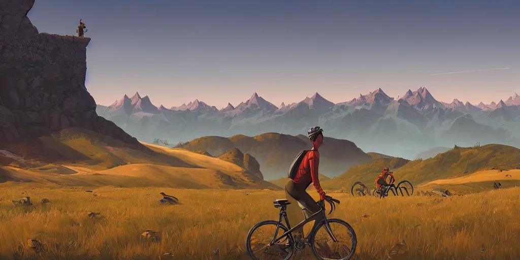 Prompt: cyclist standing near bicycle admiring expansive view of the mountains, art by simon stalenhag,