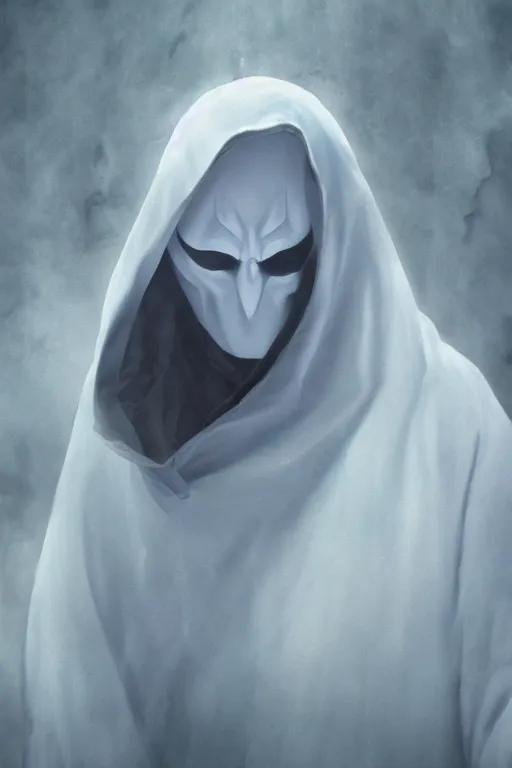 Image similar to characters portrait of Moon Knight mixed with Ghostface by Alyssa Monks, full-shot, merged character, Full body shot, cinematic opening shot, 4k, highly detailed, cinematic lighting