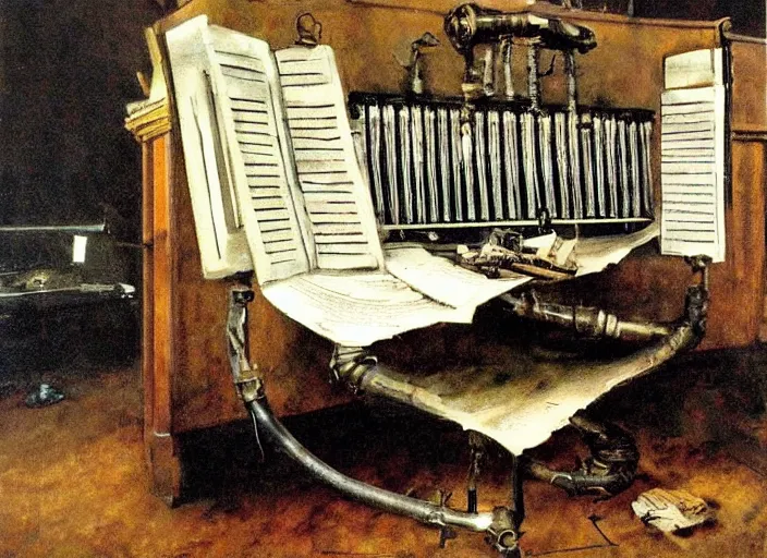 Prompt: battered dieselpunk pipe organ, painting by andrew wyeth, very detailed, somber mood,