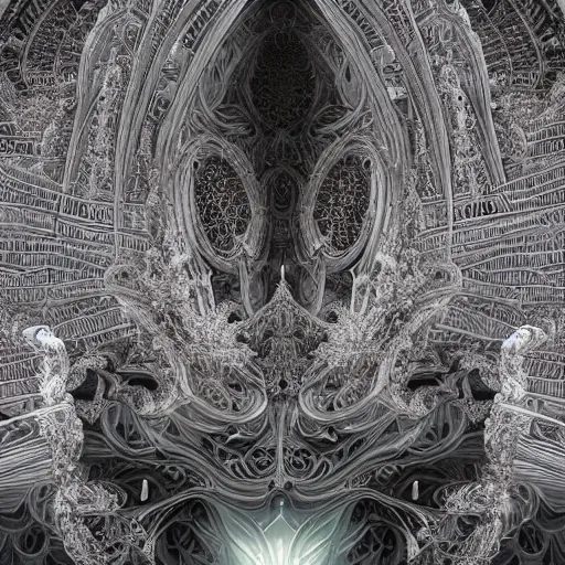 Image similar to beautiful hyperrealistic 3 d render of a delicate ivory sculpture of an ornate detailed cathedral populated by mandelbrot fractals by android jones, micro detail, unreal engine, dramatic lighting, psychedelic, octane renderer, catholicpunk, glowing, white color scheme, photorealistic, physically based rendering, angelic, hyper detailed, colorful, carved soap, trending on cgsociety