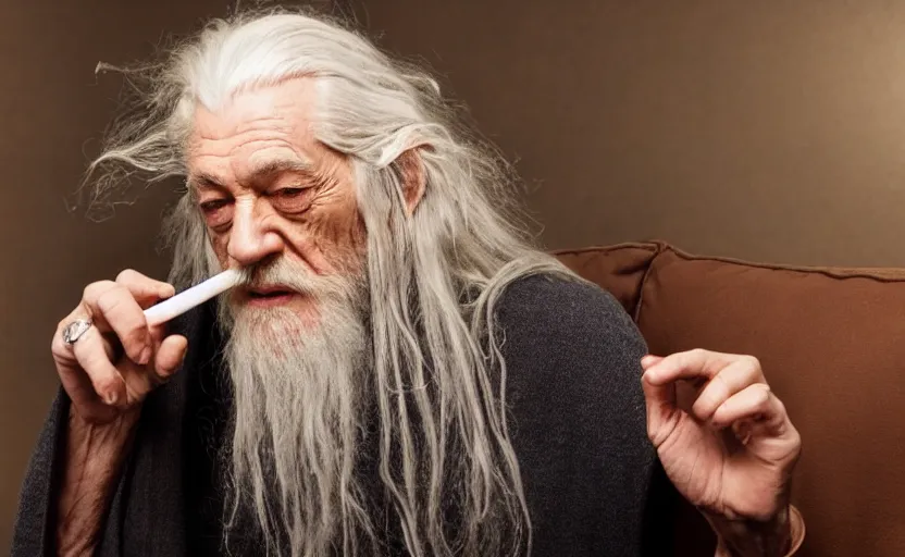 Prompt: a smartphone picture of stoned gandalf smoking a joint sitting on a couch in a night club,