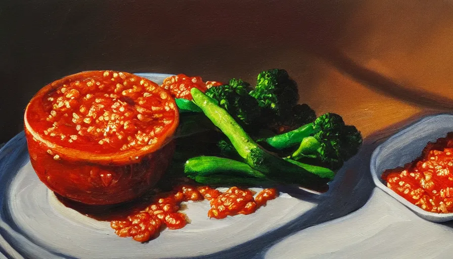 Image similar to an oil painting of rice and tomato sauce with beans and vegetables, dramatic light, establishing shot