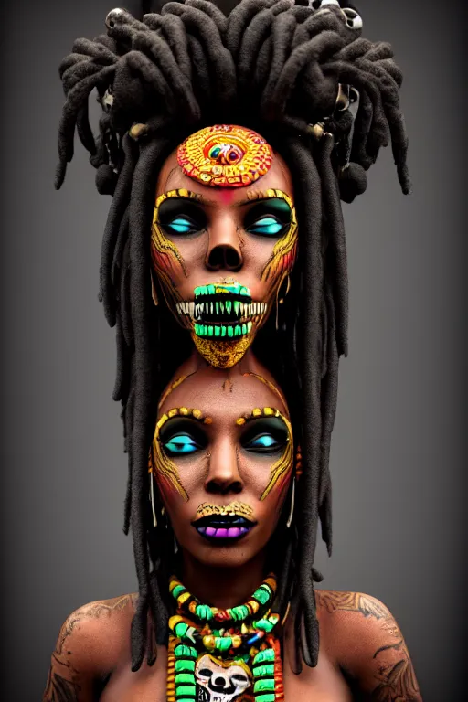 Prompt: a voodoo priestess with dreadlocks and a skull mask, a character portrait by Candido Bido, featured on zbrush central, afrofuturism, freakshow, antichrist, macabre, 8k, extremely highly detailed digital painting, creepy, powerful, haitian