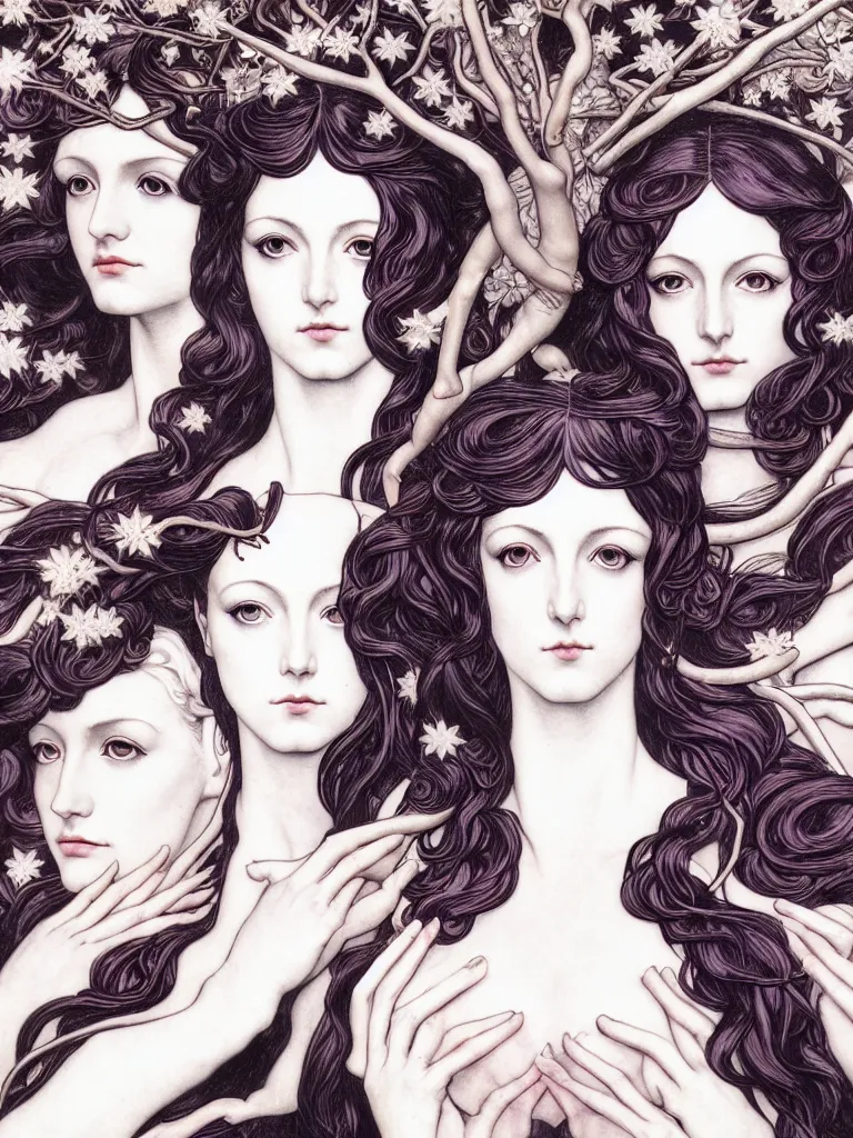 Prompt: goddesses symbolizing the months of december, january and february, style mix of æon flux, shepard fairey, botticelli, john singer sargent, pre - raphaelite, shoujo manga, branches, snow, ice, dark muted colors, superfine ink detail, ethereal, 4 k photorealistic, arnold render