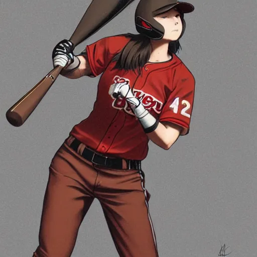 Image similar to anime style, female baseball player, red sport clothing, baseball stadium, launching a straight ball, brown short hair, hair down, symmetrical facial features, from arknights, hyper realistic, rule of thirds, extreme detail, 4 k drawing, safebooru, realistic lighting, by alphonse mucha, greg rutkowski, sharp focus, backlit