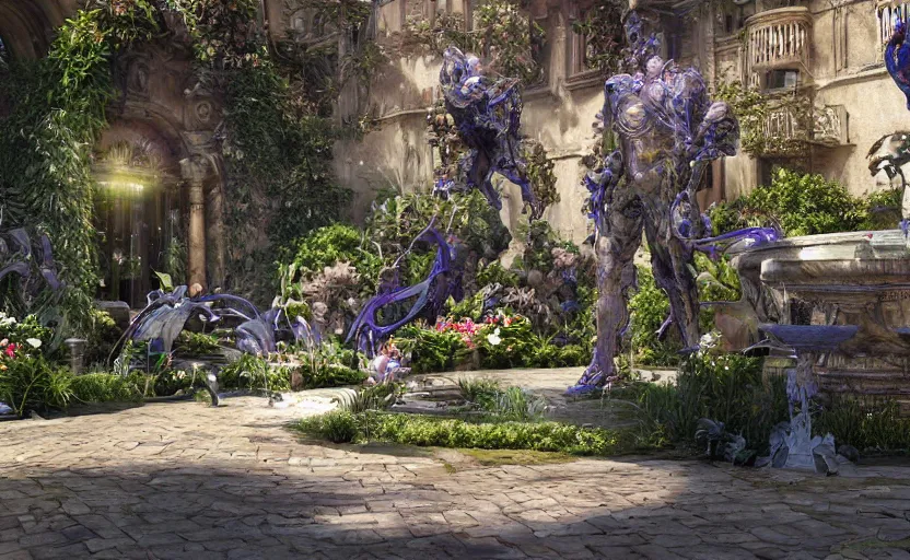 Image similar to A beautiful garden, next to a fountain and a mystical palace, hyperrealistic mixed media, stunning 3d render inspired art by P. Craig Russell and Barry Windsor-Smith + perfect facial symmetry + dim volumetric lighting, 8k octane beautifully detailed render, post-processing, extremely hyperdetailed, intricate futuristic mechanic parts, epic composition, grim yet sparkling atmosphere, cinematic lighting + masterpiece, trending on artstation