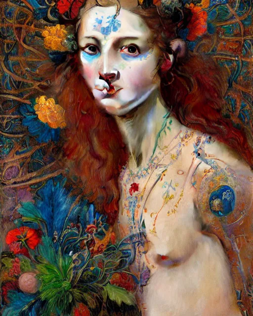 Image similar to a beautiful girl wearing colourful face paint surrounded by bright intricate patterns, by edgar maxence and caravaggio and michael whelan, intricate painting, hyper realistic, extremely detailed and beautiful aesthetic face, 8 k resolution