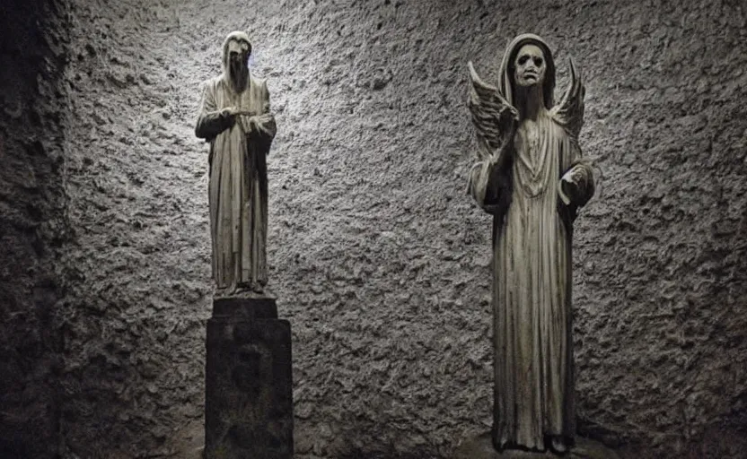 Image similar to tv footage of a decrepit creepy statue of the archangel gabriel staring at the camera, alone in a cavernous dark old catacomb, realistic, pitch black, depth of field, wide shot, sinister, bad lighting, foreboding, blurry, grainy photo