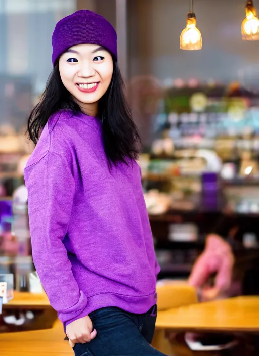 Image similar to young adult asian woman in a coffee shop wearing a beanie and a purple cyberpunk sweater with led light elements smiling, natural light, magazine photo, 5 0 mm