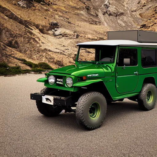 Image similar to closeup of a green Toyota Fj43 build in 1981, traveling through the mountains, black roof, with a roof rack, detailed, 8K, octane render, 8K,