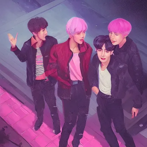 Prompt: “ a portrait of bts band, rainy background, pink bright art masterpiece artstation. 8 k, sharp high quality artwork in style of jose daniel cabrera pena and greg rutkowski, concept art by tooth wu, hearthstone card game artwork. ”