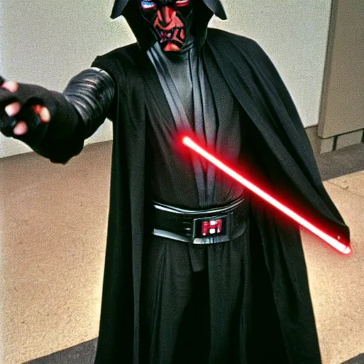 Image similar to darth maul waiting in line at a walmart in the early 1 9 9 0 s, polaroid picture