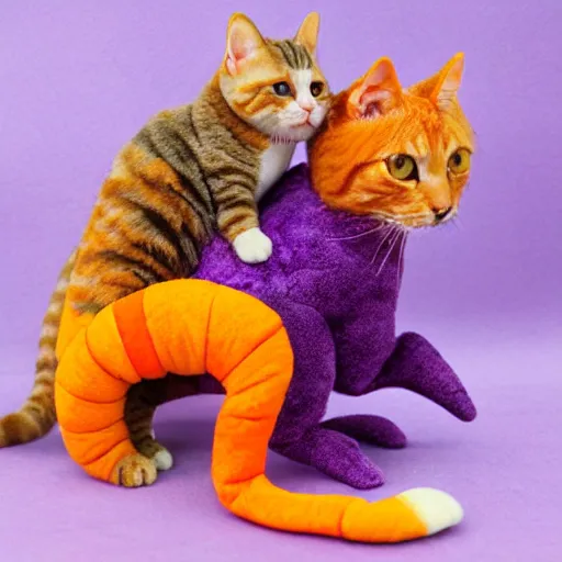 Image similar to tiny adorable purple fantasy dragon cuddles an orange tabby cat, realistic, orange tabby cuddles purple dragon, award - winning photography