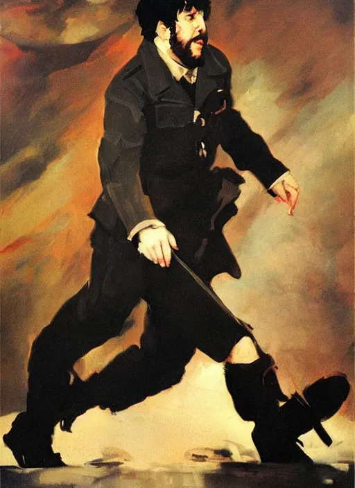 Image similar to jontron dressed as nazi painting by phil hale, francisco goya,'action lines '!!!, graphic style, visible brushstrokes, motion blur, blurry, hd image