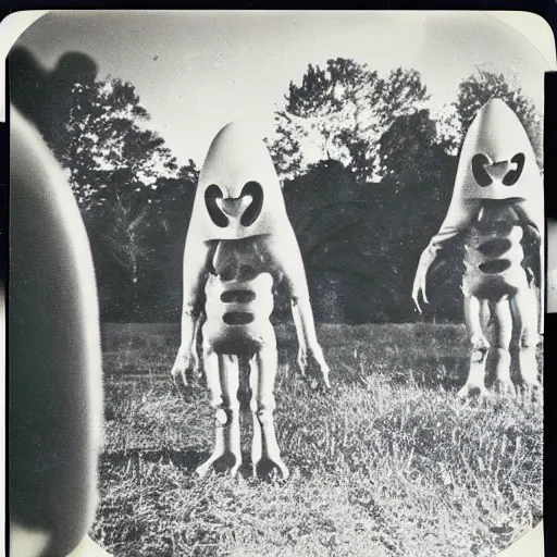 Image similar to polaroid photograph of horrorific alien beings visiting earth, 1 9 5 0