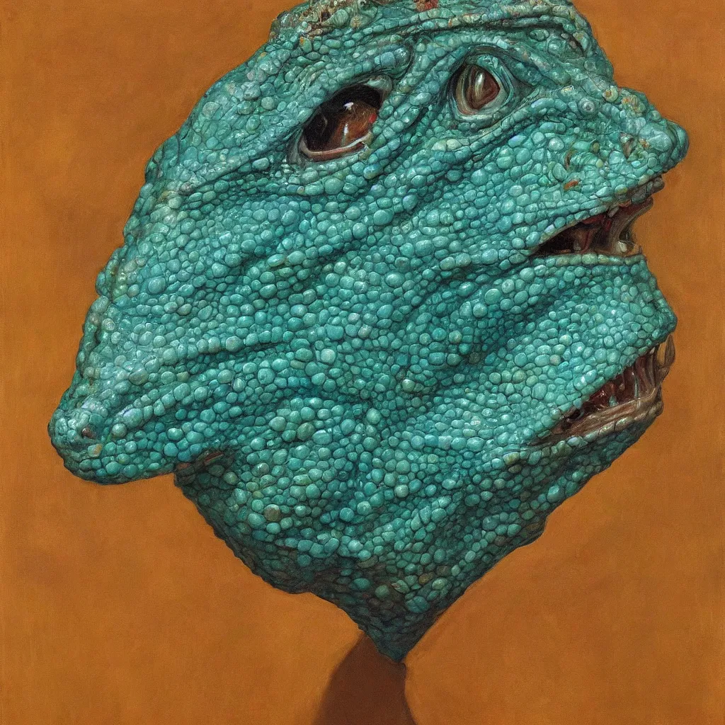 Prompt: high quality high detail painting by lucian freud, jenny savile, unsettling portrait of the lizard man, turquoise, hd