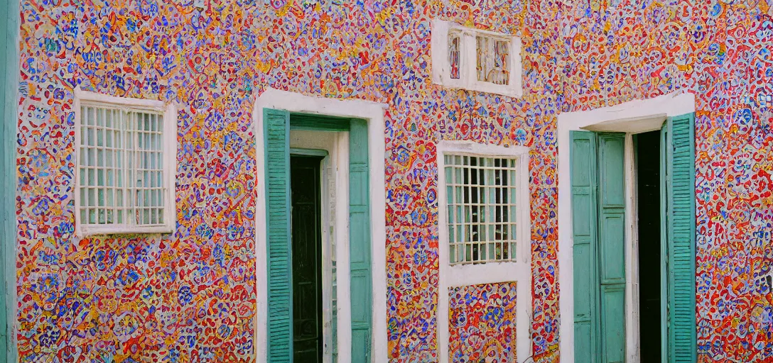 Image similar to colonial house in greece with multicolored portuguese tiles. photographed by wes anderson. fujinon premista 1 9 - 4 5 mm t 2. 9. portra 8 0 0.