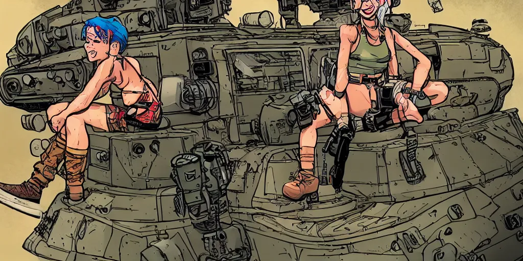 Image similar to tank girl sitting on top of the tank, holding a granite luncher. smiling. laurie greasley,