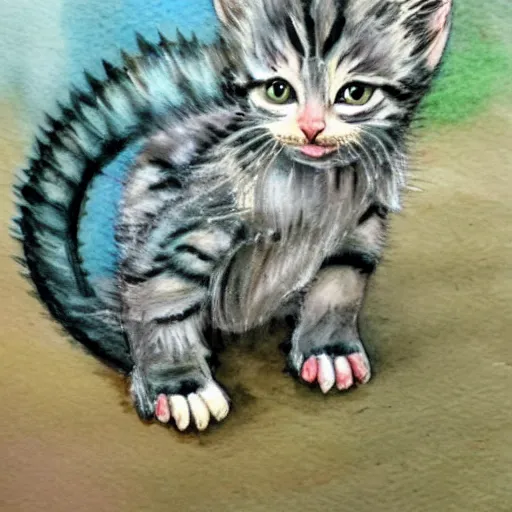 Image similar to a kitten dinosaur hybrid!!, watercolor painting