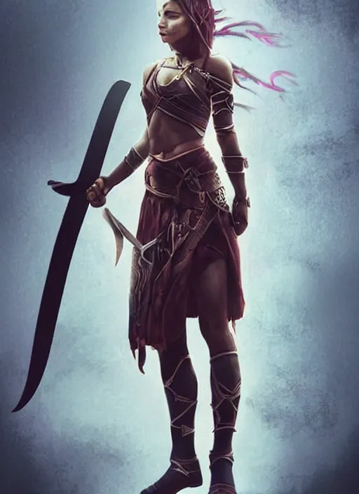 Image similar to hyper realistic photography, warrior girl with sword in her hand, full body, rule of thirds, human proportion, good anatomy, beautiful face, conceptart, saturated colors, cinematic, artstation, pinterest, cgsociety