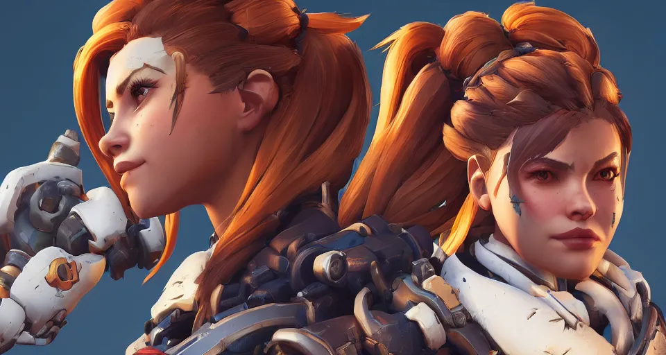 Image similar to one character, overwatch, brigitte, horizon zero dawn, aloy, digital art, high detailed, artstation, octane render