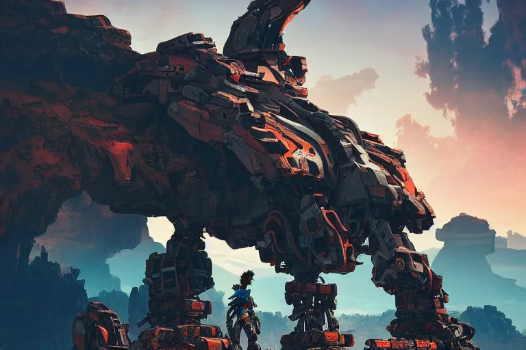 Image similar to rockbreaker machine mecanical creature robot of horizon forbidden west horizon zero dawn radiating a glowing aura global illumination ray tracing hdr fanart arstation by ian pesty and alena aenami artworks in 4 k