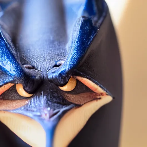 Prompt: close up of scary giant mutant navy-blue bat 85mm f/1.4