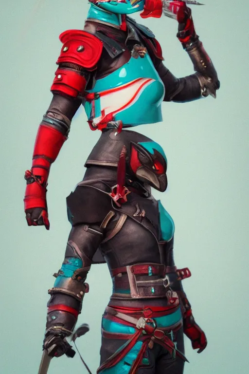 Image similar to female adventurer in tight full - body teal leather armor of japanese design with red accents and a white porcelain crow mask, trending in artstation, japanese, artstation, big moon in the background, establishing shot