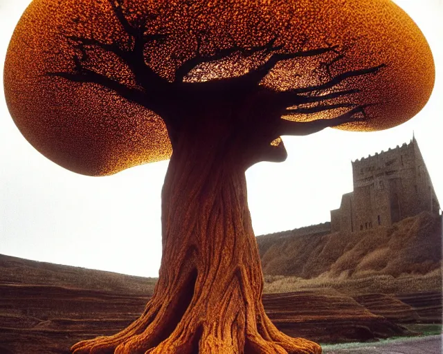 Prompt: by bruce davidson, by andrew boog faithful redscale photography evocative. a beautiful carved kinetic sculpture of a gold and obsidian brutalist exploded humanoid diagram tree of evolution - like creature, standing in front of a castle atop a cliff.