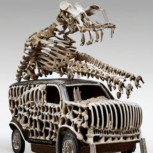 Prompt: a car made out of bones and bones, a surrealist sculpture by hendrick cornelisz vroom, featured on zbrush central, auto - destructive art, made of insects, made of cardboard, made of feathers