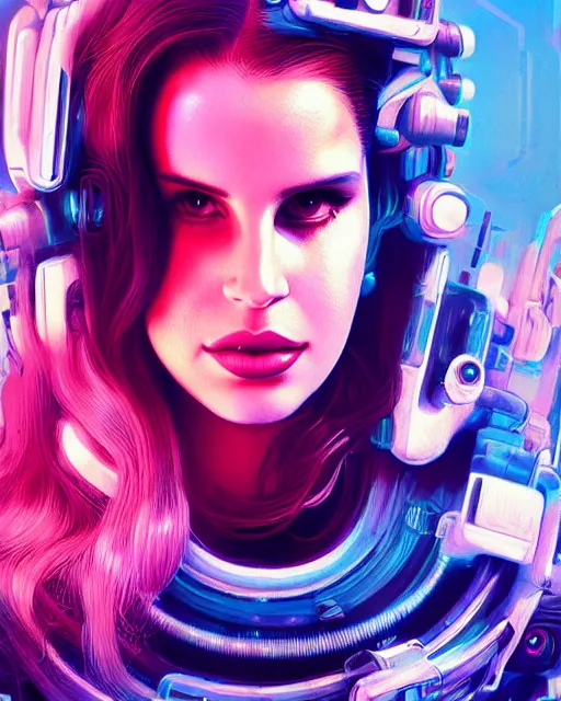 Image similar to portrait of lana del rey as a cyborg. intricate abstract. intricate artwork cyberpunk by tooth wu, wlop, beeple, dan mumford. octane render, trending on artstation, greg rutkowski ruan jia very coherent symmetrical artwork. cinematic, hyper realism, high detail, octane render, 8 k, key art, blue and pink iridescent accents