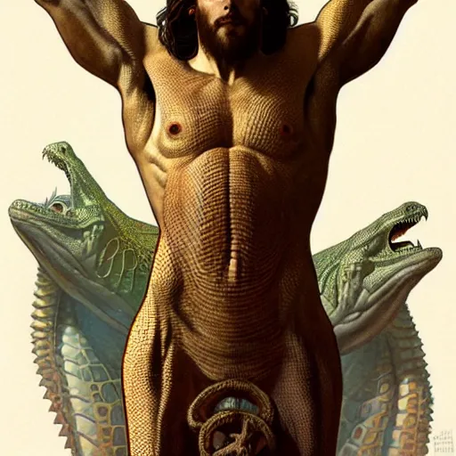 Image similar to fullbody!! entire body, dynamic action pose, jesus as a scaly cold blooded reptilian lizard, intricate, humorous, holy cross, religious, absurd, highly detailed, digital painting, artstation, concept art, smooth, sharp focus, illustration, art by artgerm and greg rutkowski and alphonse mucha