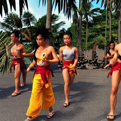 Image similar to Saiyan warrior girl, muscular girl, wild spiky black electrified hair, wearing kung fu uniform, walking through Bali, 1977, tropical palm trees, colorized