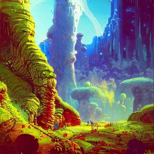 Image similar to illustration of a lush natural scene on an alien planet by paul lehr. extremely detailed. beautiful landscape. weird vegetation. cliffs and water.