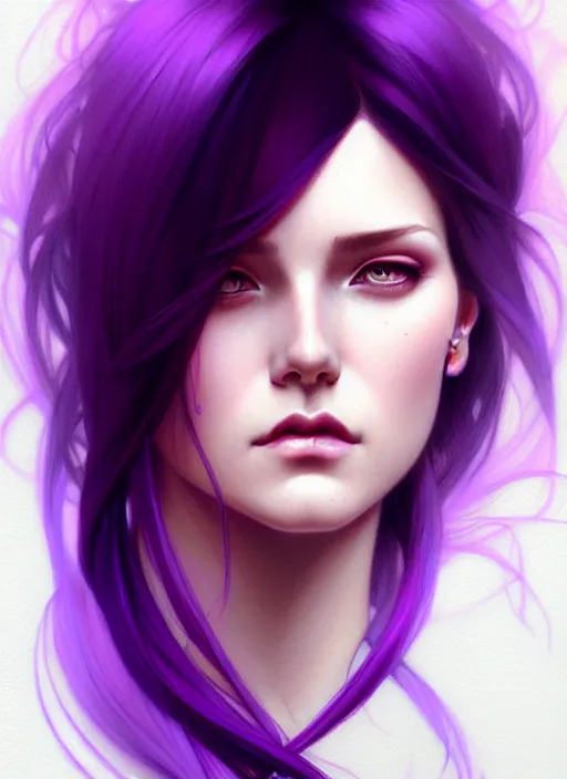 Image similar to Purple hair, creative colouring Portrait of woman, fashion, intricate, elegant, highly detailed, digital painting, artstation, concept art, smooth, sharp focus, illustration, art by artgerm and greg rutkowski and alphonse mucha