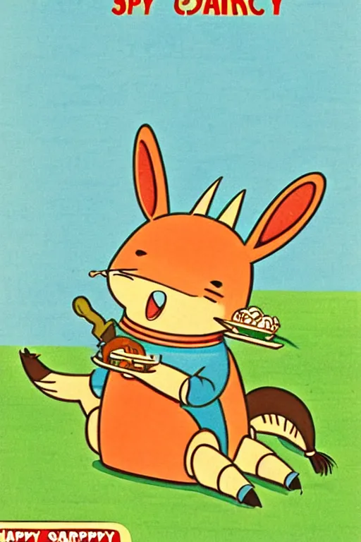 Image similar to by richard scarry. happy donkey eating a leg. a 1 9 5 0 s retro illustration. studio ghibli. muted colors, detailed