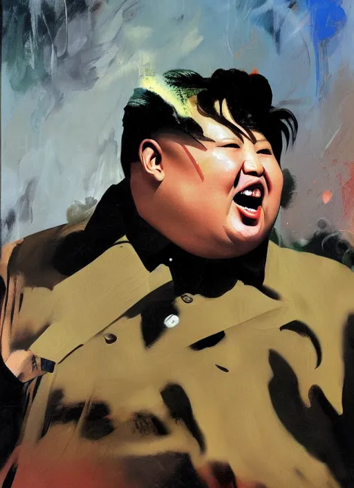 Image similar to kim jong un screaming, fat face, painting by phil hale, fransico goya,'action lines '!!!, graphic style, visible brushstrokes, motion blur, blurry, visible paint texture, crisp hd image