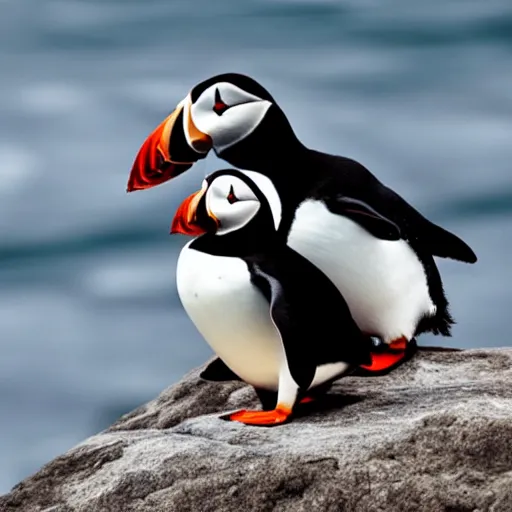 Prompt: puffin sitting next to a penguin