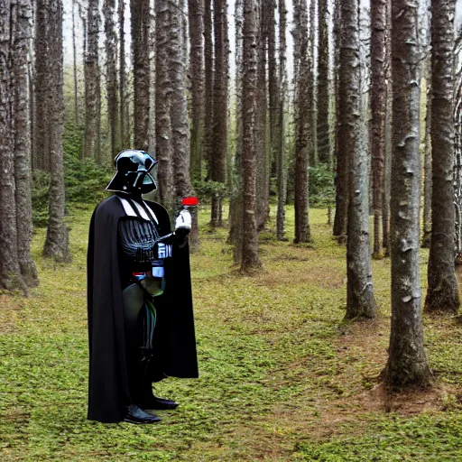 Image similar to darth vader meeting with vladimir putin in birch forest, drinking vodka