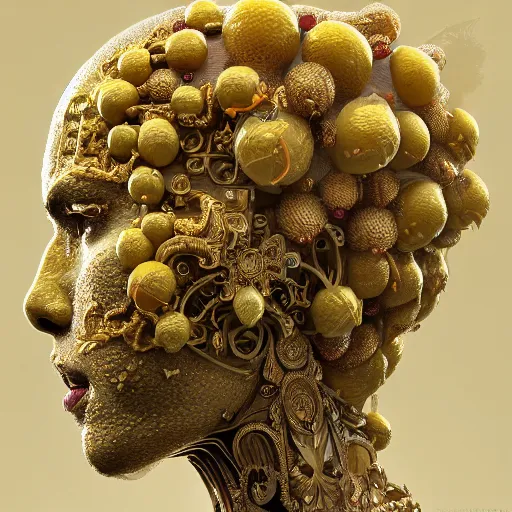 Image similar to man made out of lemon skin, head is exploding into jam : ornate, dynamic, particulate, intricate, elegant, highly detailed, centered, artstation, smooth, sharp focus, octane render