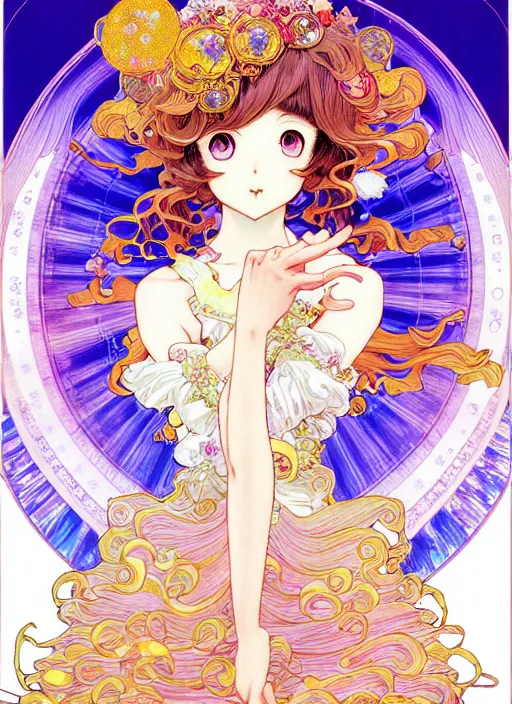 Image similar to exquisite imaginative manga poster of a fairy princess, long wavy hair, rococo ruffles dress, shimmering, by shigenori soejima, minaba hideo, katsuhiro otomo, alphonse mucha, jump comics, illustration, artstation, highly detailed, 8 k, fluorescent, fluorescent, maximalist