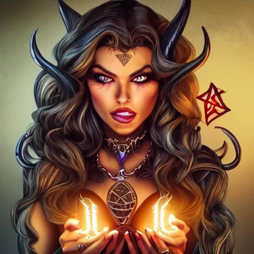 Prompt: Adriana Chechik, as a pretty witch with blonde curly hair, holding a glowing spell book with runes in the cover , dark fantasy, symmetrical face two identical symmetrical eyes,feminine figure, smooth skin,gorgeous, pretty face, beautiful body, revealing outfit, high detail, realistic, cgsociety, artgerm, trending on artstation