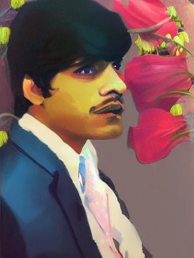 Prompt: artwork by saul leiter, of a solo individual portrait of an indian guy with lilies and roses, dapper, simple illustration, domestic, nostalgic, full of details, matte painting, trending on artstation and unreal engine