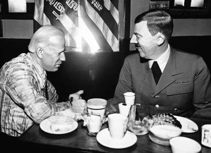 Prompt: Joe Biden and Adolf Hitler, having dinner at a Dive bar restaurant, award winning cinematic photography, 50 mm, blurred background, trending on twitter