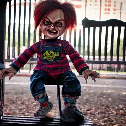 Image similar to chucky the killer doll standing on a park bench