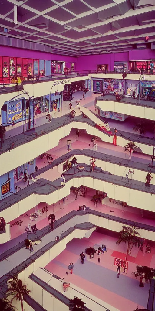 Image similar to huge sprawling angular dimension of infinite 8 0 s mall interior. liminal space, surrealism, mallsoft, vaporwave. muted colors, 8 0 s pop culture, food court, shot from above, endless, neverending epic scale by escher and ricardo bofill